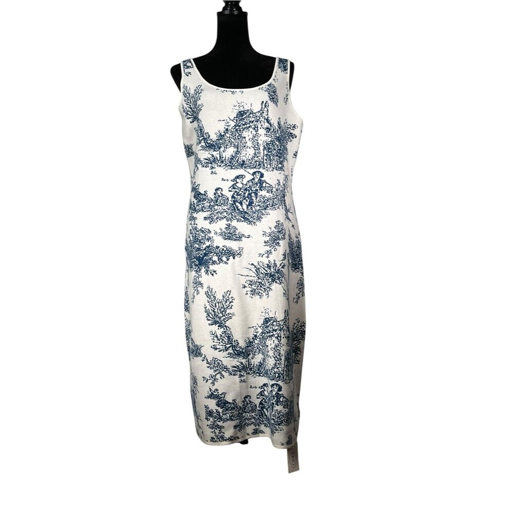Cider Cottagecore Sweater Dress Sleeveless Blue White Midi Toile Pastoral Print
